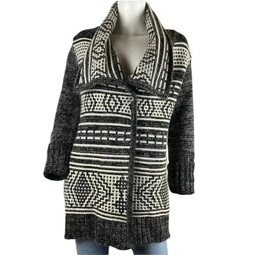 Intermix Wool Mohair Blend Open Front Cardigan Sweater Black White Small